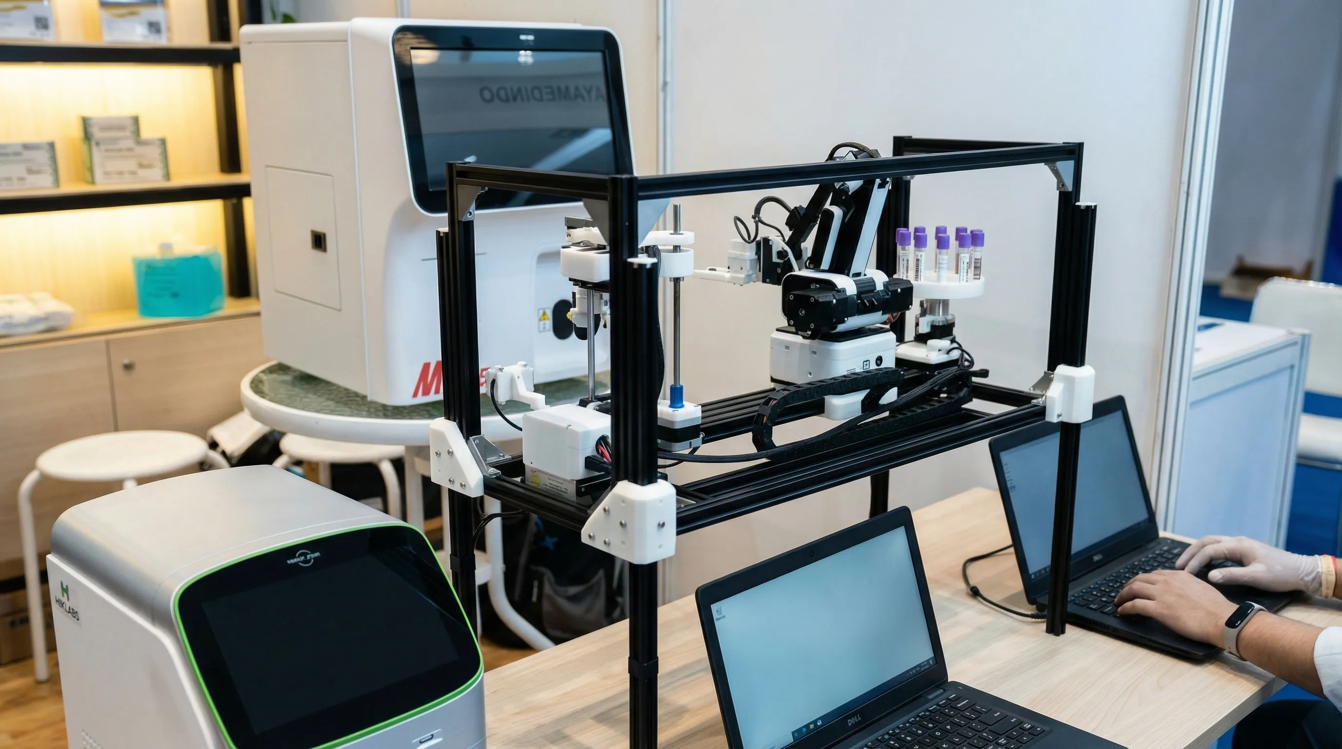 Biomedical automation setup beside lab instruments and operator workstation